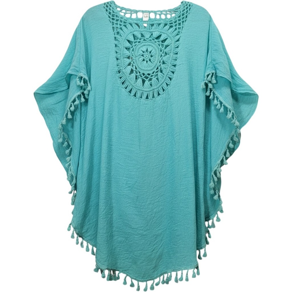 Crochet Tassel Trim Swim Cover Up Women One Size Turquoise Tiffany Blue Cruise
